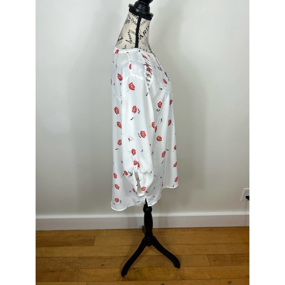 Maurices Semi Sheer white and red floral long sleeve V-neck Blouse - Picture 9 of 12